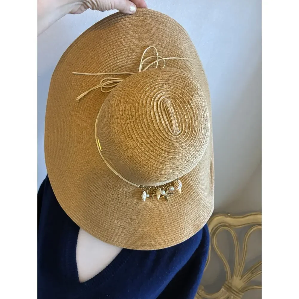 Coastal Grandma Sun 'N Sand Wide Brim Floppy Straw Hat Shell & Pearl Trim UPF 50